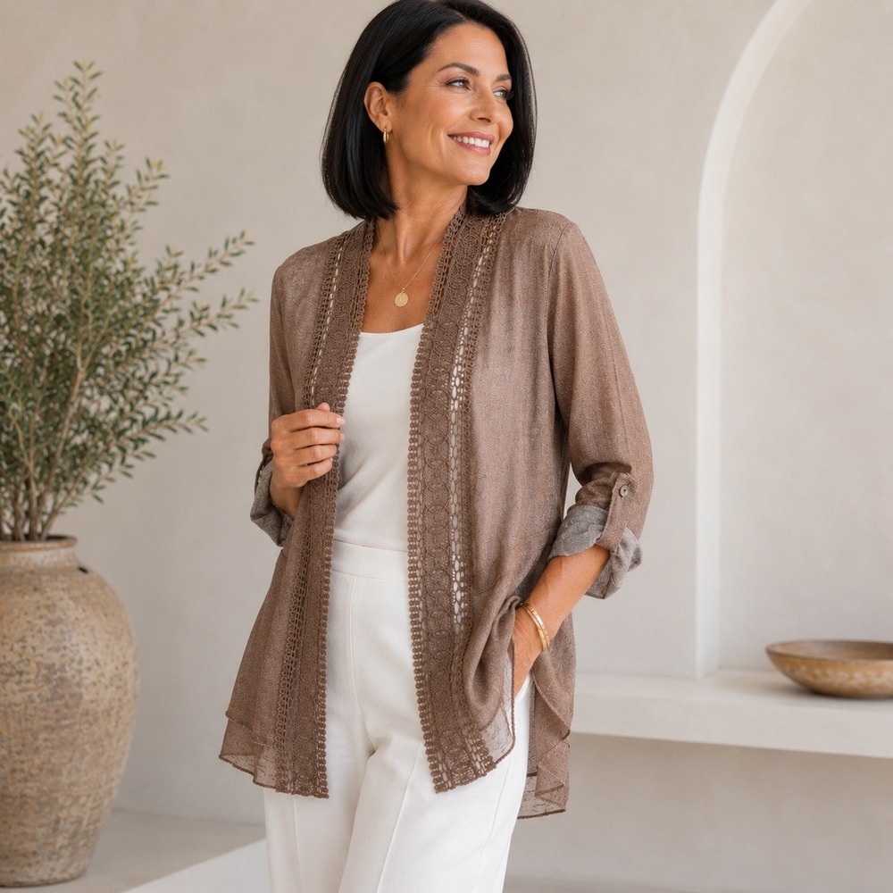 Bellambra Italian Cardigan Brown Silk Blend Crochet Lace Trim Quiet Luxury Large